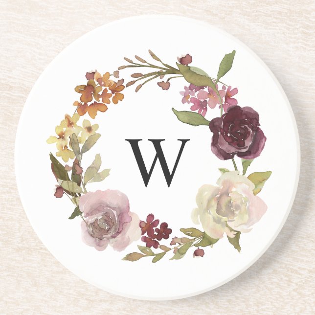 Dessous De Verre En Grès Couronne de monogramme à l'aquarelle florale blanc (Devant)