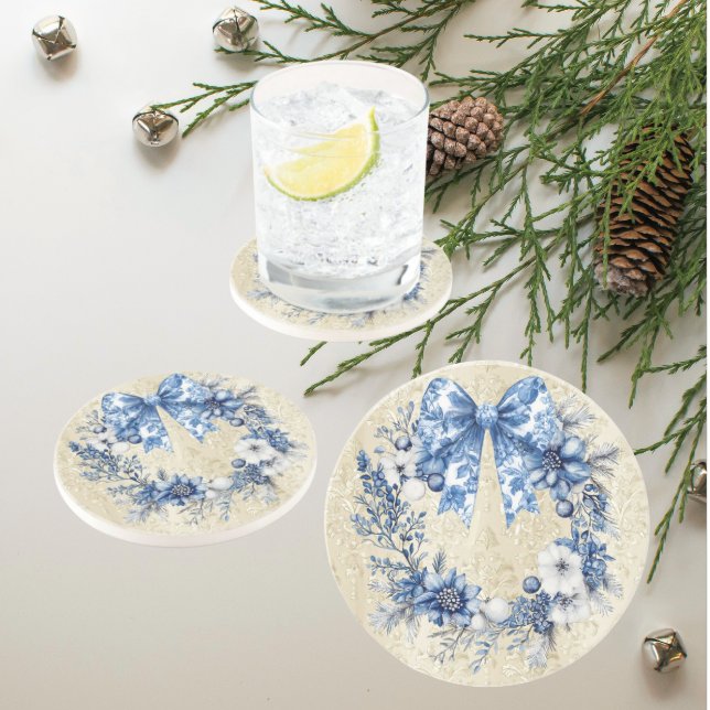 Dessous De Verre En Grès Couronne de vacances bleu et blanc de style Chinoi (Elegant blue and white holiday chinoiserie wreath on antique faded damask background. )