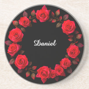 Dessous De Verre En Grès Couronne florale de rose rouge sur fond noir
