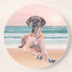 Dessous De Verre En Grès Coutume Grand Chien Danse assis sur la plage