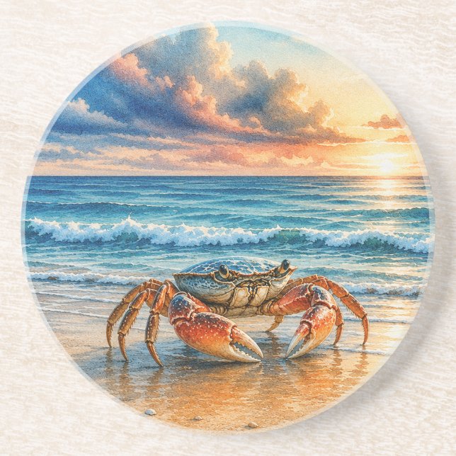 Dessous De Verre En Grès Crabe côtier à l'aquarelle sur une plage de sable (Devant)