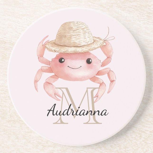 Dessous De Verre En Grès Crabe rose blush avec monogramme chapeau (Devant)