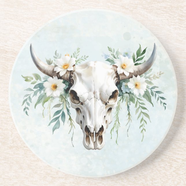 Dessous De Verre En Grès Crâne de vache floral aquarelle Boho Chic (Devant)