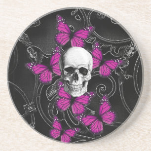 Dessous De Verre En Grès crâne d'Imaginaire et papillons roses chauds