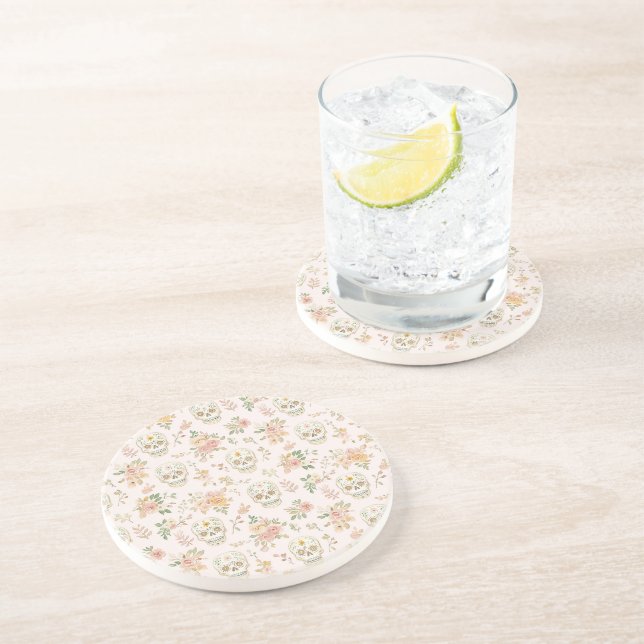 Dessous De Verre En Grès Crânes de Sucre Fleurs de Pêche (Côté)