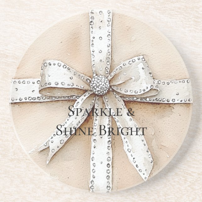 Dessous De Verre En Grès Crème Blanc Argent Glitzy Glam Bow anniversaire (Devant)