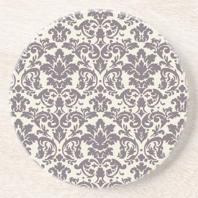Dessous De Verre En Grès crème grise taupe complexe motif damassé (Devant)