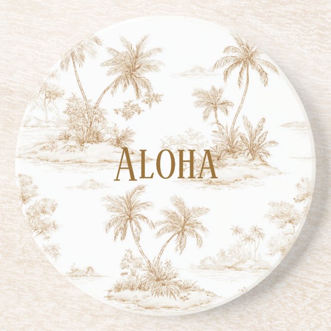 Dessous De Verre En Grès Crème Marron Aloha Palmiers Île Tropicale (Devant)