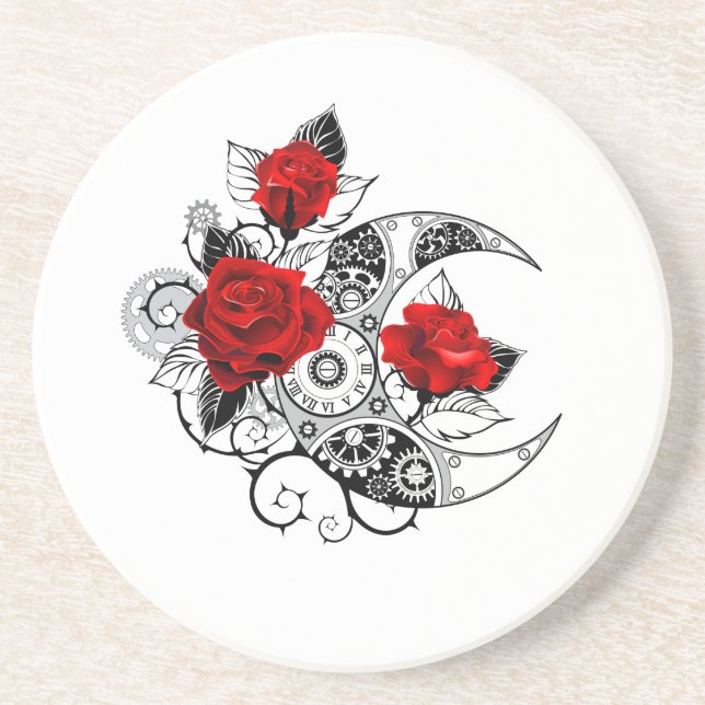 Dessous De Verre En Grès Croissant Mécanique avec Roses Rouges (Devant)