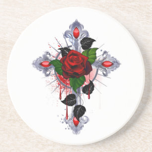 Dessous De Verre En Grès Croix d'argent avec une rose rouge