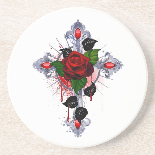 Dessous De Verre En Grès Croix d'argent avec une rose rouge (Devant)
