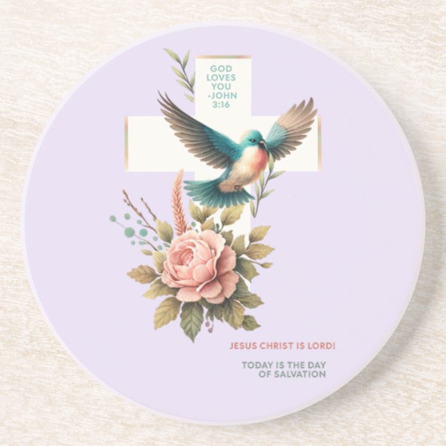 Dessous De Verre En Grès Croix et oiseau Dieu vous aime Design (Devant)