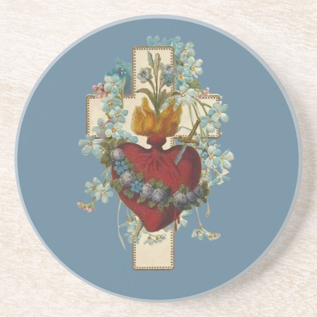 Dessous De Verre En Grès Croix Vierge Marie Immaculée Coeur Religieux (Devant)