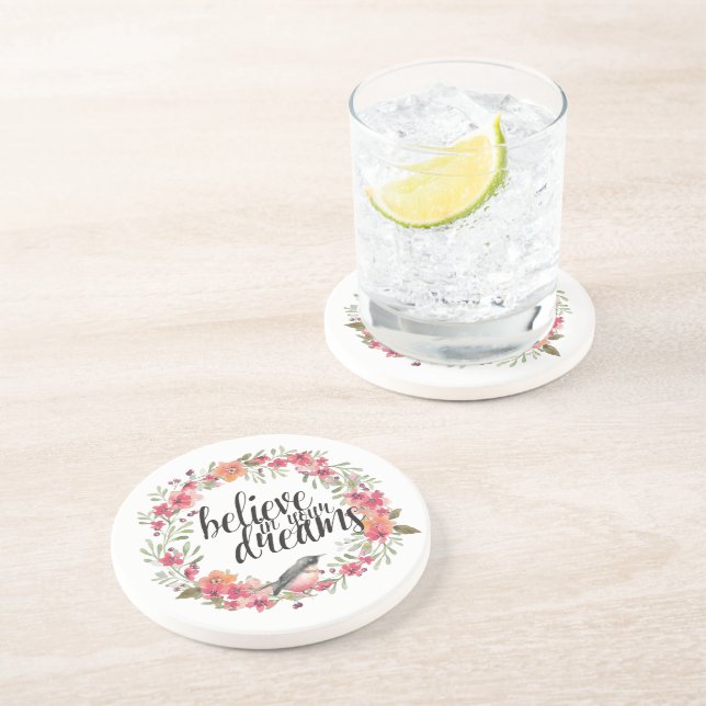 Dessous De Verre En Grès Croyez en vos rêves Oiseau rose Floral (Côté)