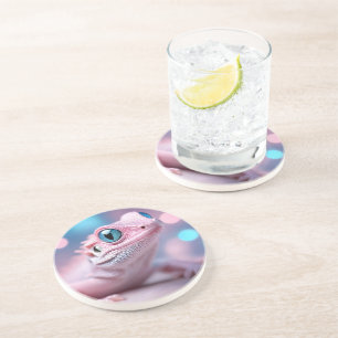 Dessous De Verre En Grès Cuisine Petit Lézard Rose aux Grands Yeux Bleus