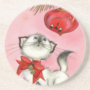 Dessous De Verre En Grès Cuisine rétro de Noël Chat-chat Vintage rose