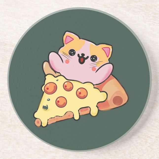 Dessous De Verre En Grès Custom Kawaii Cat Hugging Pepperoni Pizza Cartoon (Devant)