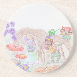 Dessous De Verre En Grès Custom Kids Artwork, deux mignonnes souris, fleurs