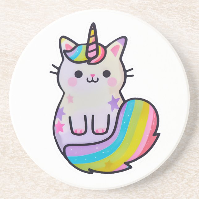 Dessous De Verre En Grès Cute chat licorne arc-en-ciel (Devant)