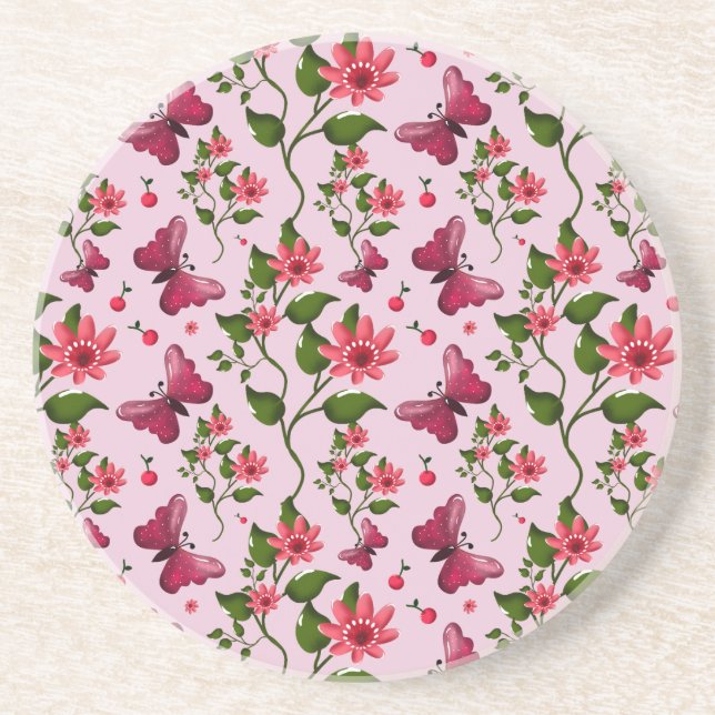 Dessous De Verre En Grès Cute Cherry Butterfly Pattern, Glossy Kawaii Fruit (Devant)