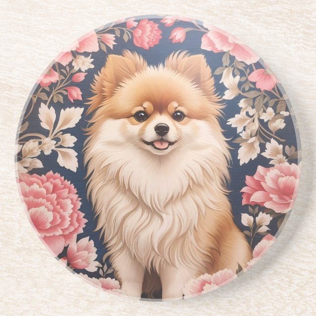 Dessous De Verre En Grès Cute Chien Poméranien Rose Floral (Devant)