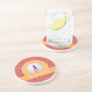 Dessous De Verre En Grès Cute Classic Golfer Silhouette Nom Rose Orange