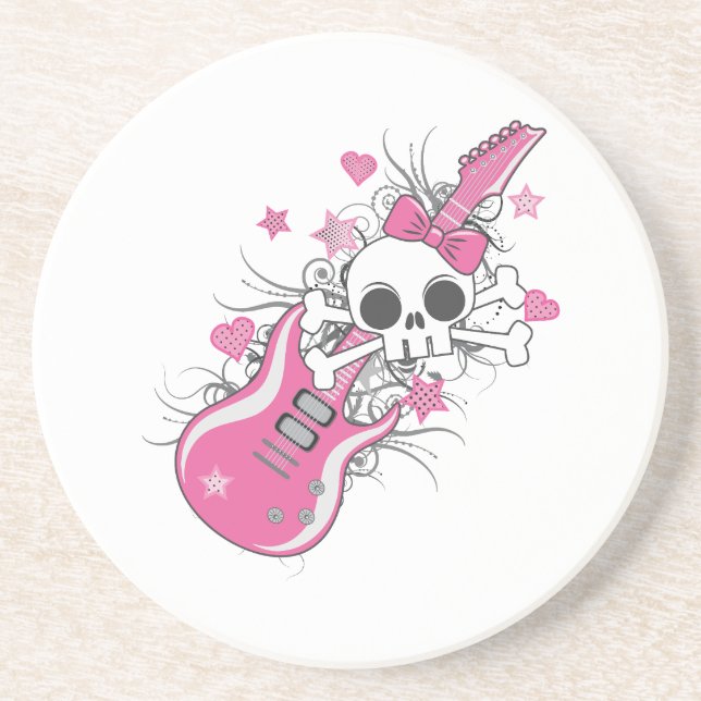 Dessous De Verre En Grès Cute crâne avec guitare rose (Devant)