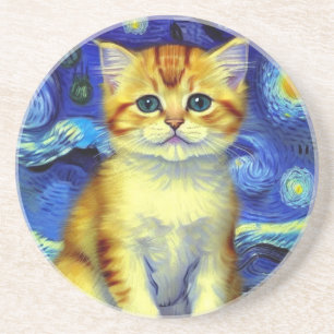 Dessous De Verre En Grès Cute Kitten Starry Night Van Gogh