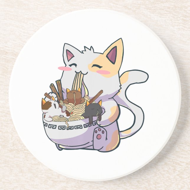 Dessous De Verre En Grès Cute Neko Chat avec nouilles Ramen Bowl Anime Japo (Devant)
