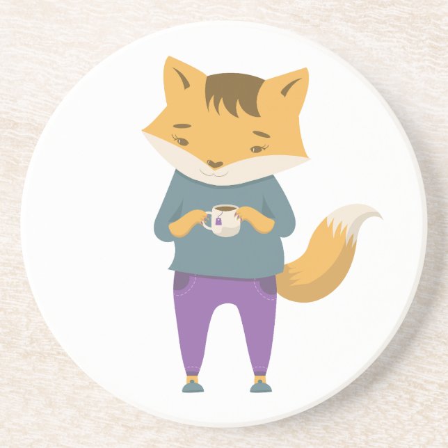 Dessous De Verre En Grès Cute renard avec tasse de thé (Devant)