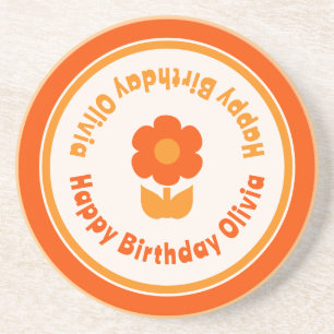 Dessous De Verre En Grès Cute Retro les années 70 Fleur Orange Joyeux anniv