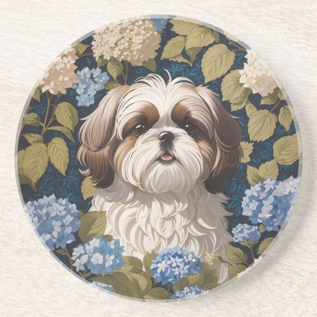 Dessous De Verre En Grès Cute Shih Tzu Chiot Blue hydrangea fleurs (Devant)