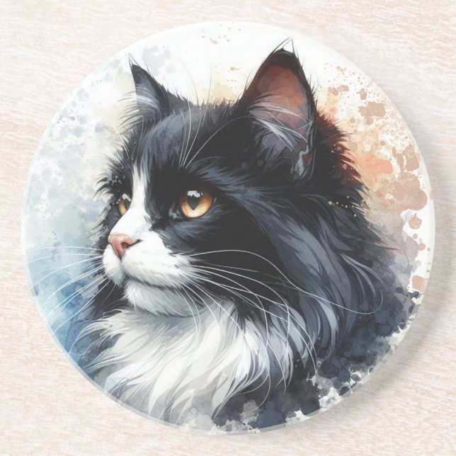 Dessous De Verre En Grès Cute Tuxedo Chat Aquarelle Art (Devant)