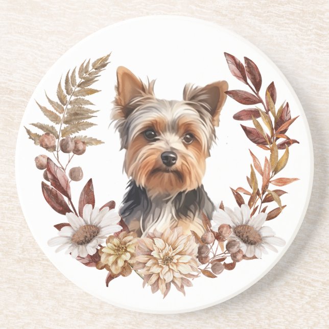 Dessous De Verre En Grès Cute Yorkshire Terrier Dog Automne Wreath (Devant)