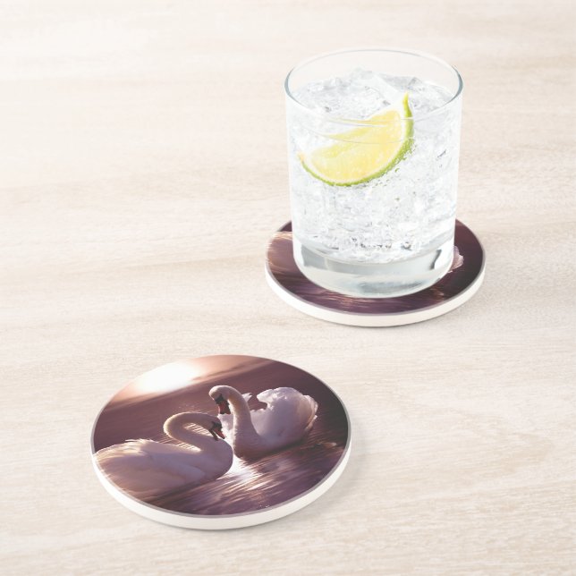 Dessous De Verre En Grès Cygnes affectueux formant un coeur (Côté)