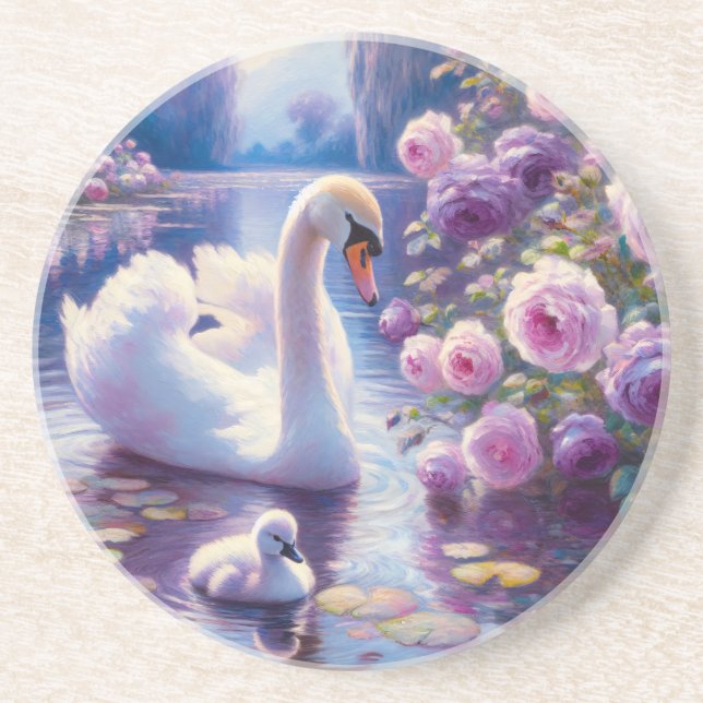 Dessous De Verre En Grès Cygnet blanc avec Roses violets (Devant)