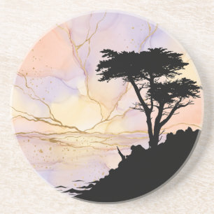 Dessous De Verre En Grès Cyprès Solitaire Pebble Beach Aube Encre Alcool De