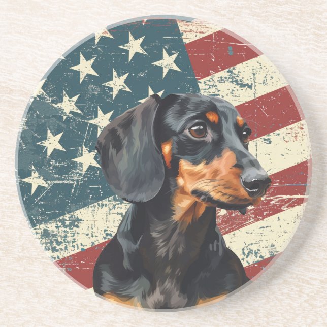Dessous De Verre En Grès Dachshund Drapeau Américain Grunge (Devant)