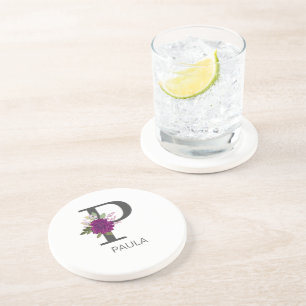Dessous De Verre En Grès Dahlia de Bourgogne Alphabet Floral Lettre Monogra