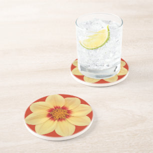 Dessous De Verre En Grès Dahlia jaune sur la Flore rouge