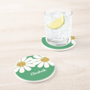 Dessous De Verre En Grès Daisy-white design floral personnalise le nom