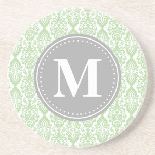 Dessous De Verre En Grès Damas dans le Monogramme gris vert à la menthe