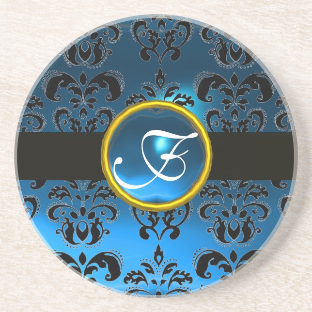 Dessous De Verre En Grès DAMAS NOIR ET BLEU Saphir Monogramme (Devant)