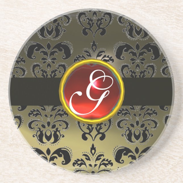 Dessous De Verre En Grès DAMAS NOIR ET GRIS  Monogramme Rubis Rouge (Devant)
