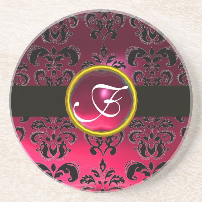 Dessous De Verre En Grès DAMAS NOIR ET ROUGE  RUBIS ROSE Monogramme (Devant)