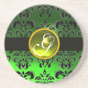 Dessous De Verre En Grès DAMAS NOIR ET VERT Topaze jaune Monogramme
