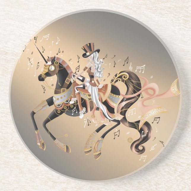 Dessous De Verre En Grès Dame Steampunk et Cheval Mécanique (Devant)