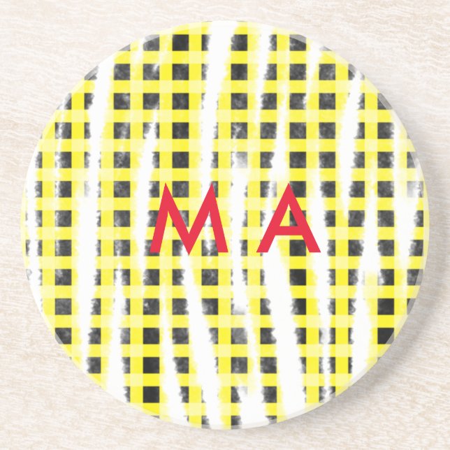 Dessous De Verre En Grès Damier jaune noir ajouter un nom monogramme nom la (Devant)