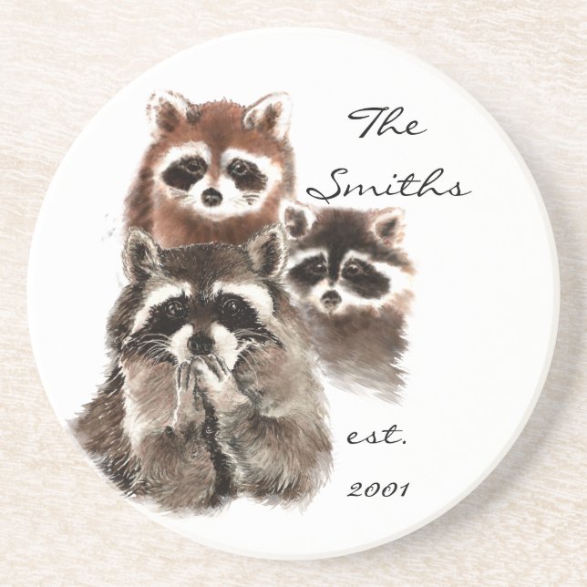 Dessous De Verre En Grès Date personnalisée Monogramme Famille Cute Raccoon (Devant)