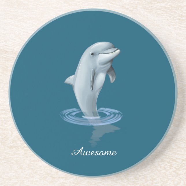 Dessous De Verre En Grès Dauphin et écriture sur fond bleu océan (Devant)